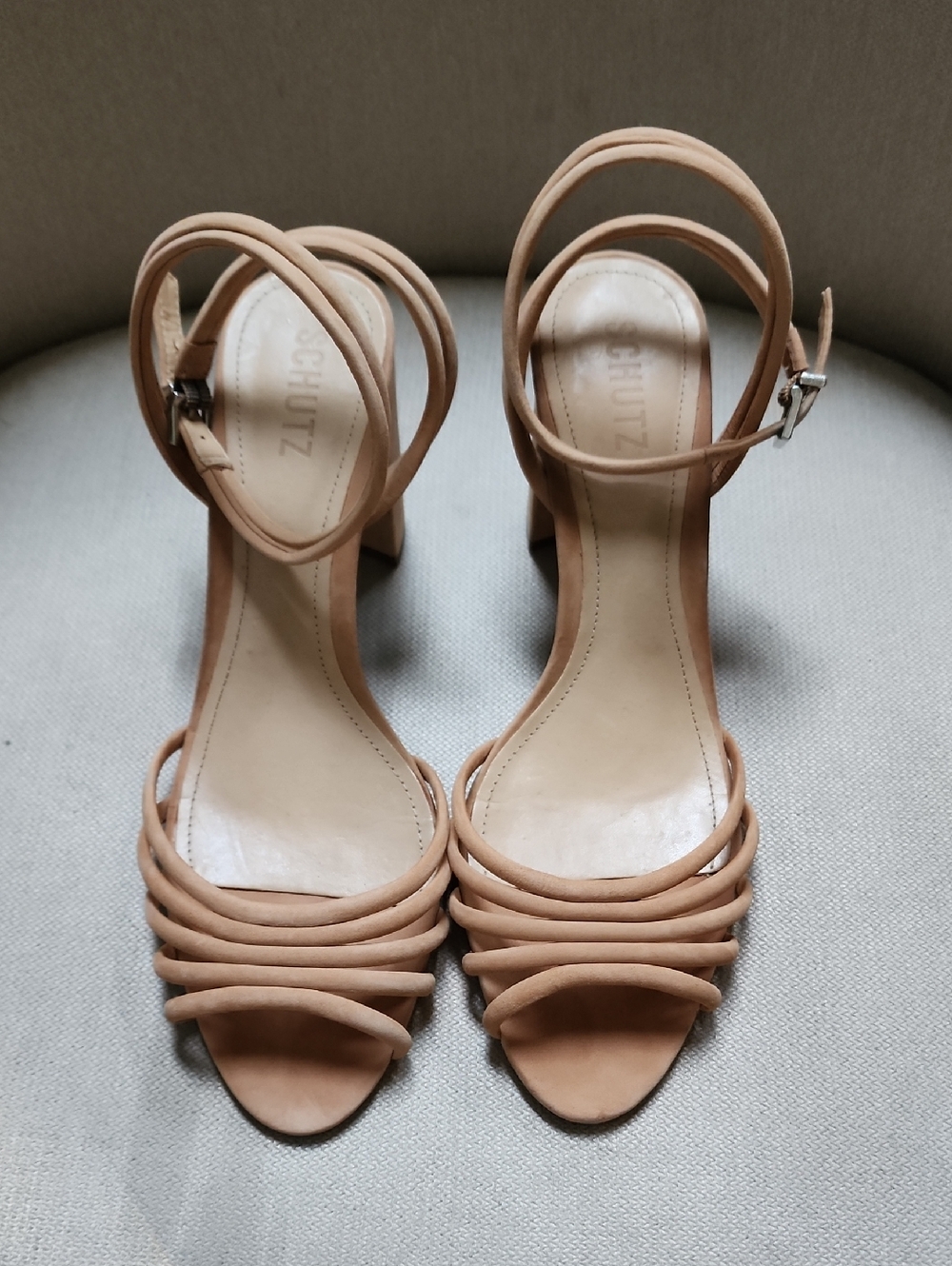 SCHUTZ Tan Strappy Block Heel Sandals 3.5 In Block Heel